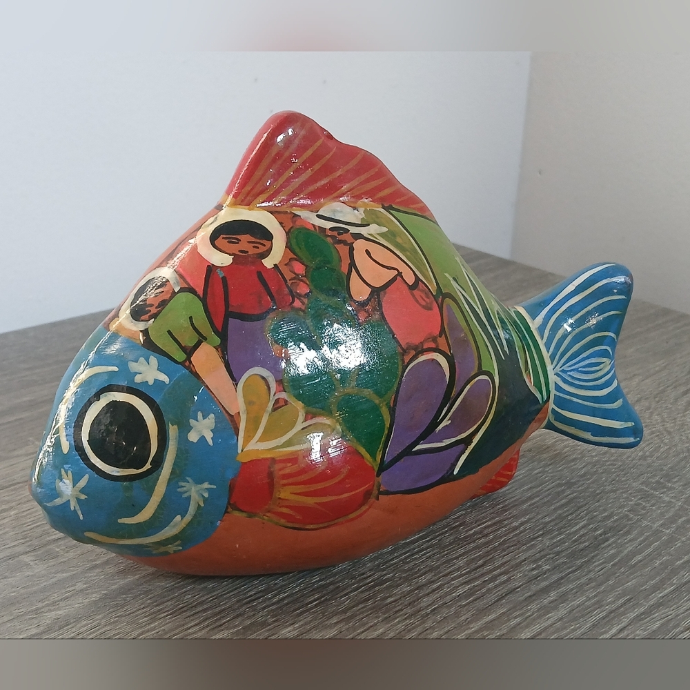 Vintage Talavera Mexican Folk Art Hand Painted  Terrecotta Fish Figurine 7”